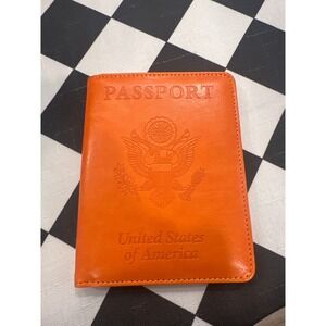 US Passport Holder Cover Orange Leather Embossed USA Eagle travel wallet